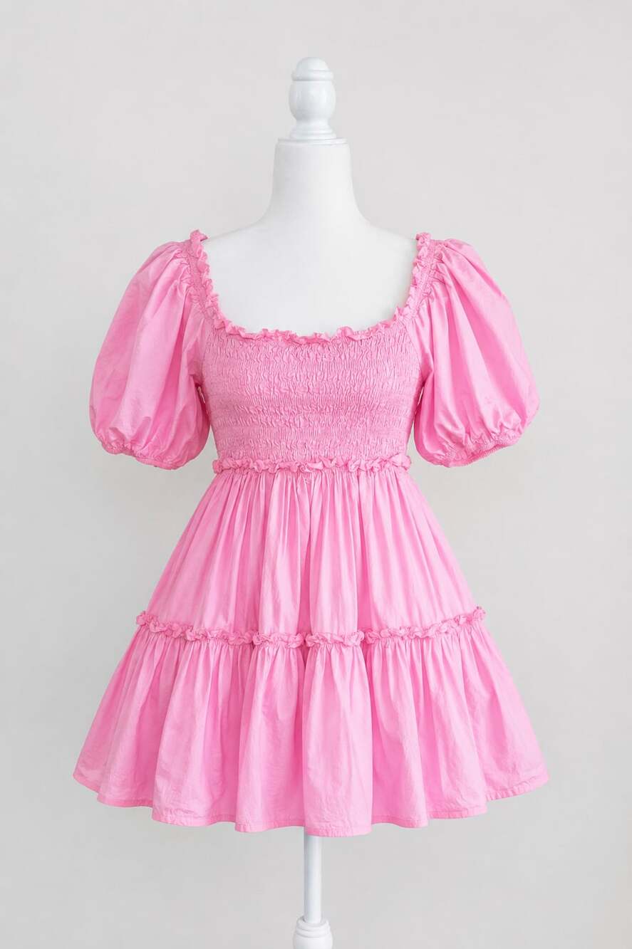 MABLE Pink Smocked Puff Sleeve Tiered Mini Dress Size Large